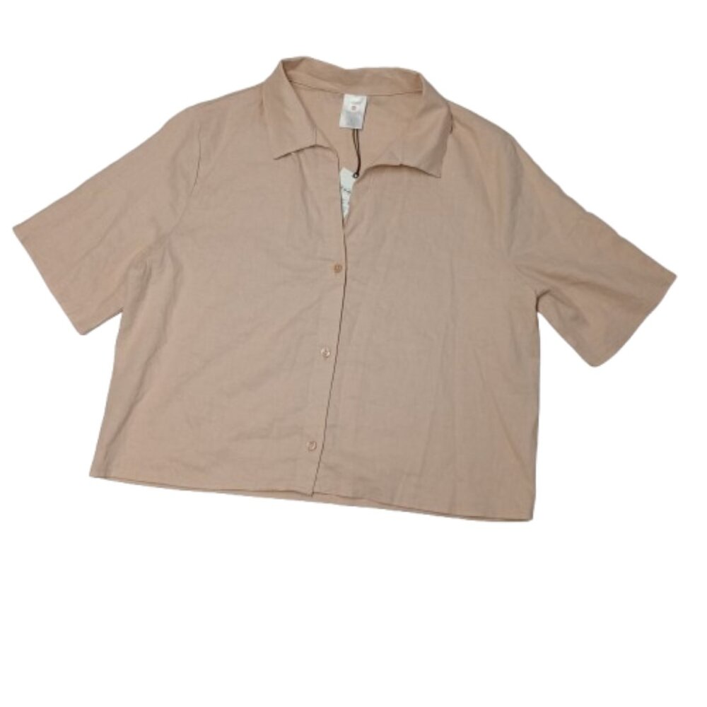 Shade & Shore Women's Cropped Button - up Short Sleeve Cover up Top Beige Size S - Picture 3 of 8